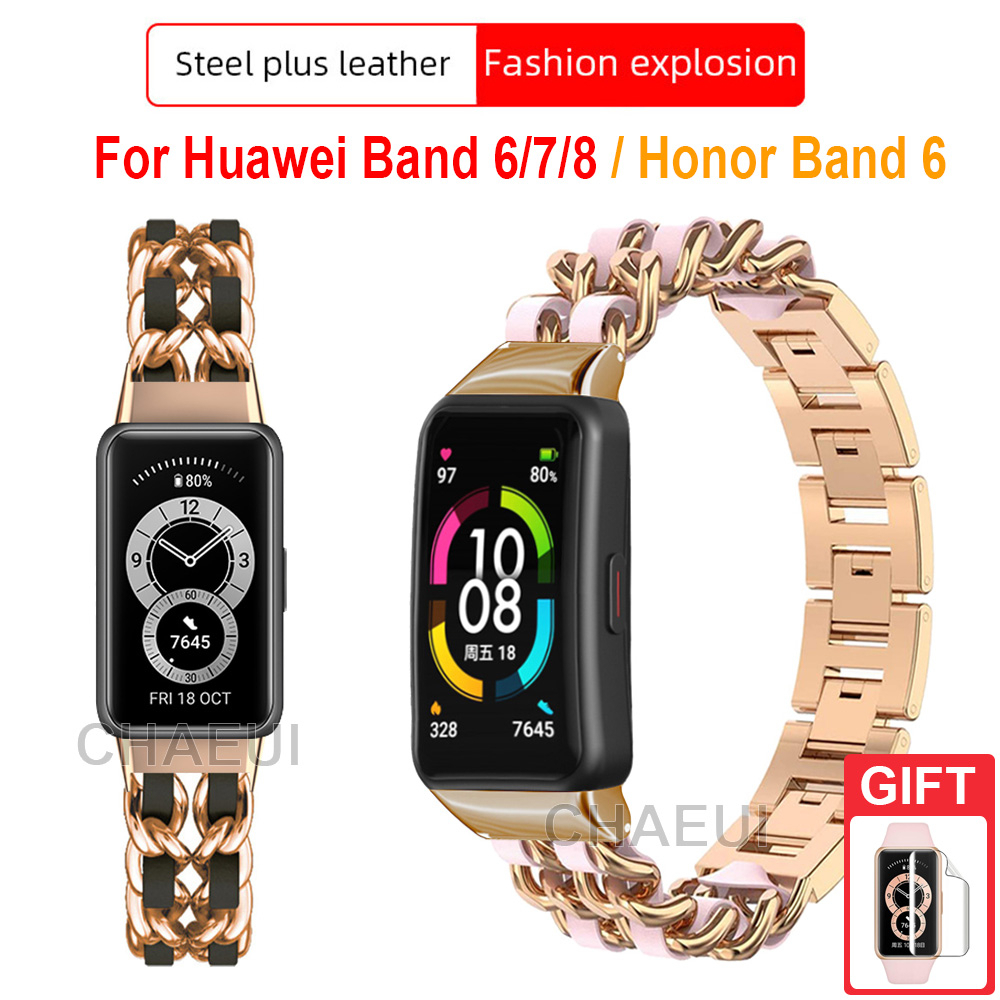 สายนาฬิกาข้อมือ สายหนัง สเตนเลส หรูหรา แบบเปลี่ยน สําหรับ Huawei Band 9 8 7 6 / Honor Band 7 6