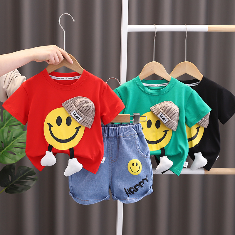 ใหม่ ชุดวอร์ม เสื้อยืด กางเกงขาสั้น ผ้าฝ้าย ลายการ์ตูนหน้ายิ้ม แฟชั่นฤดูร้อน สําหรับเด็กผู้ชาย ผู้หญิง อายุ 0-5 ปี