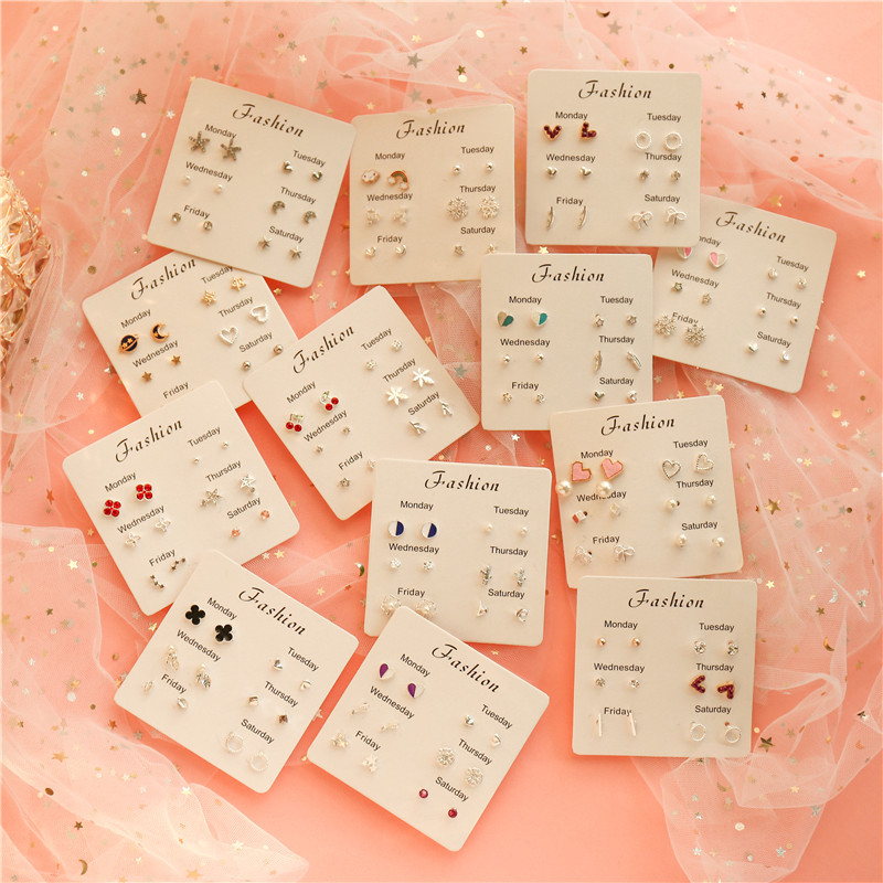 6pair/set Korean Fashion Pearl Diamond Studs Earrings Set for Women Girls