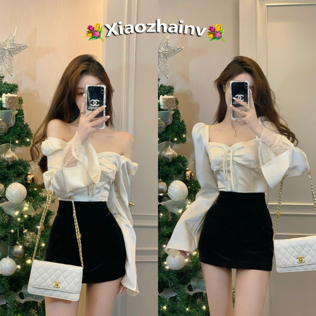 Xiaozhainv ใหม่ เสื้อตาข่าย แขนก้างปลา ผ้าซาติน เสื้อเชิ้ต
