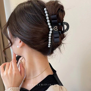 กิ๊บติดผม ประดับโบว์ ริบบิ้นมุก ขนาดใหญ่ ลายตัวอักษร C สีดํา หรูหรา