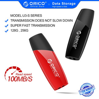 Orico แฟลชไดรฟ์ USB 3.0 64GB 128GB 256GB สีดํา แดง สําหรับคอมพิวเตอร์ สํานักงาน ทีวี เครื่องเสียงรถยนต์ (U3-S)