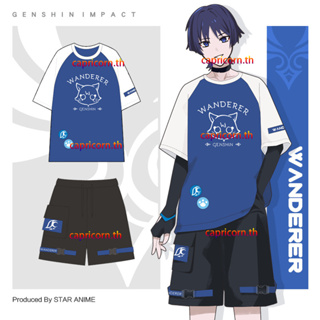 ใหม่ เสื้อยืดแขนสั้นลําลอง มีฮู้ด พิมพ์ลายอนิเมะญี่ปุ่น Genshin Impact Scaramouche 3D ทรงหลวม สําหรับผู้ชาย และผู้หญิง