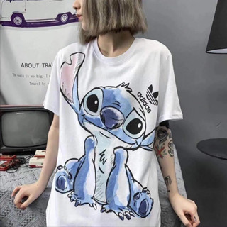 เสื้อยืดแขนสั้นลําลอง ผ้าฝ้าย ทรงหลวม ลายการ์ตูน Stitch น่ารัก สีขาว แฟชั่นฤดูร้อน สําหรับผู้หญิง 2023