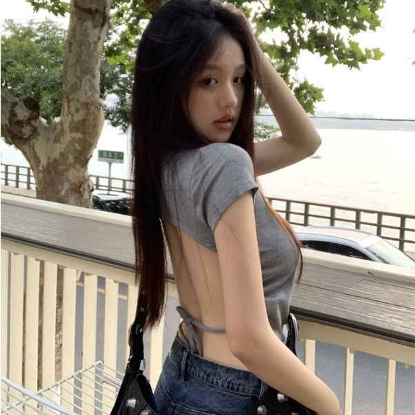 【WJZ】 เสื้อยืดแขนสั้นเซ็กซี่เปิดหลัง สไตล์ผูกเชือก แฟชั่นสตรีทรงเข้ารูป【9975】