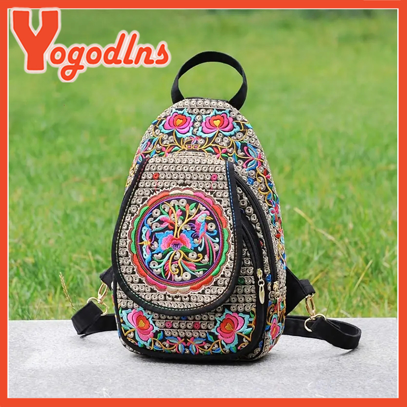 Yogodlns Handmade ปักออกแบบผ้าใบกระเป๋าเป้สะพายหลังผู้หญิงขนาดเล็กชาติพันธุ์ Rucksack Knapsack