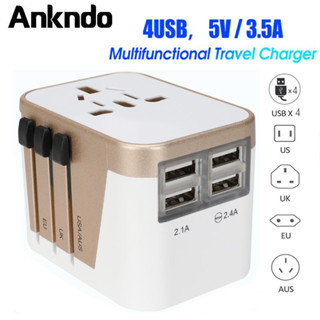 Ankndo หัวแปลงปลั๊กไฟ ปลั๊กแปลง Travel Adapter Socket International Universal Power Adapter พร้อม 4 USB Wall Charger สำหรับ UK/EU/AU