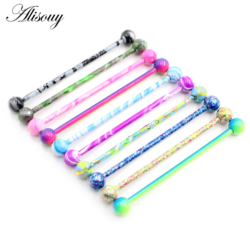 Alisouy 2 ชิ้น Candy Baking สีสแตนเลสสตีลต่างหูเจาะอุตสาหกรรม Barbell Bar Scaffold หูกระดูกอ่อน Helix เครื่องประดับ