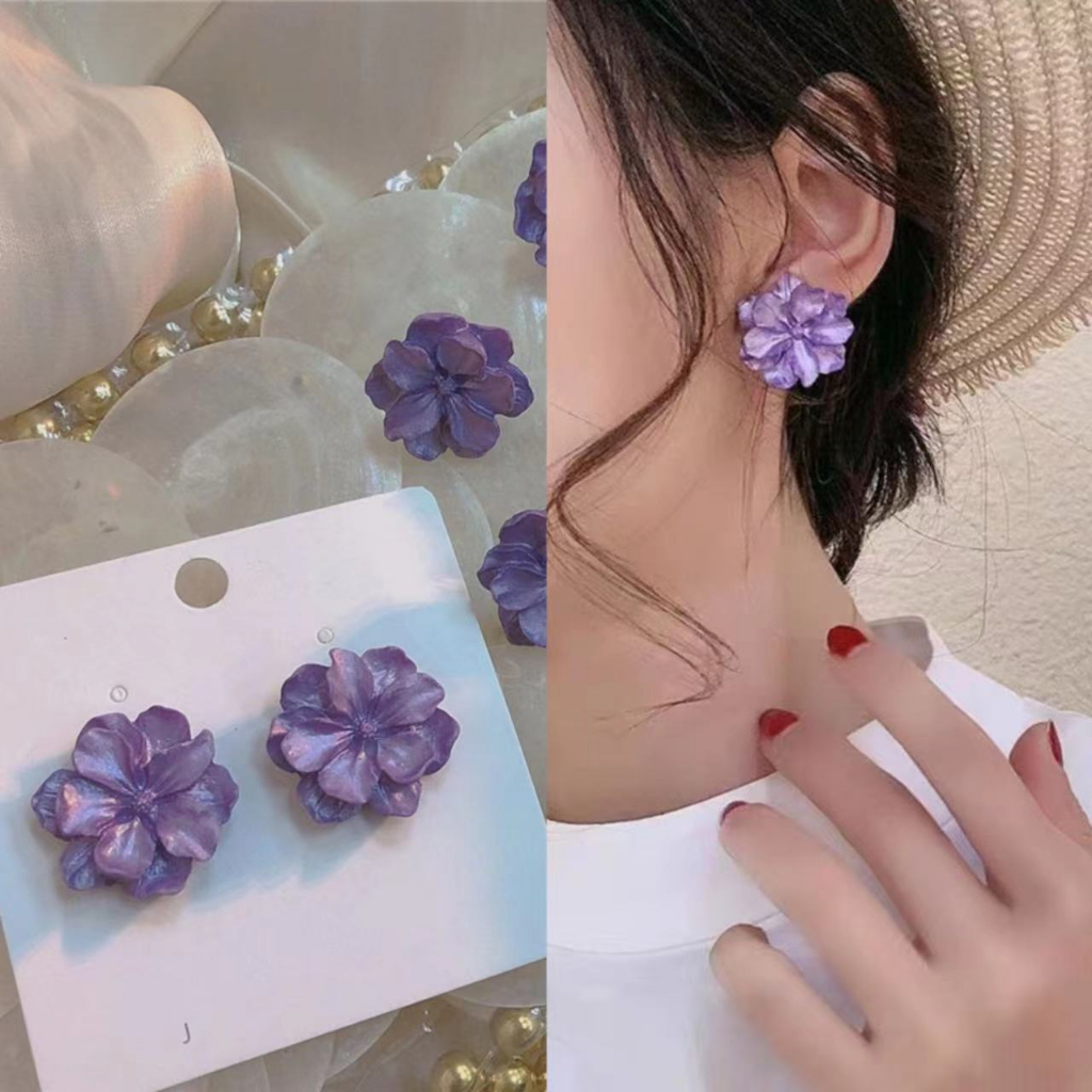ต่างหูมุก ลายดอกไม้ สีม่วง สไตล์วินเทจ