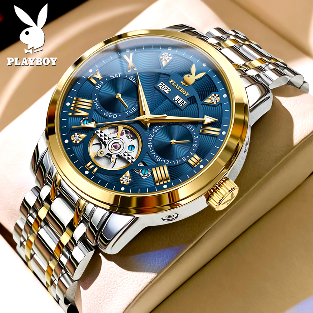 PLAYBOY นาฬิกาผู้ชาย กันน้ำ 100% แท้ ธุรกิจ กีฬา รับประกัน 5 ปี โครโนกราฟ น้ำเงิน ดำ ขาว นาฬิกาควอตซ์ นาฬิกาข้อมือ รุ่น: 3045