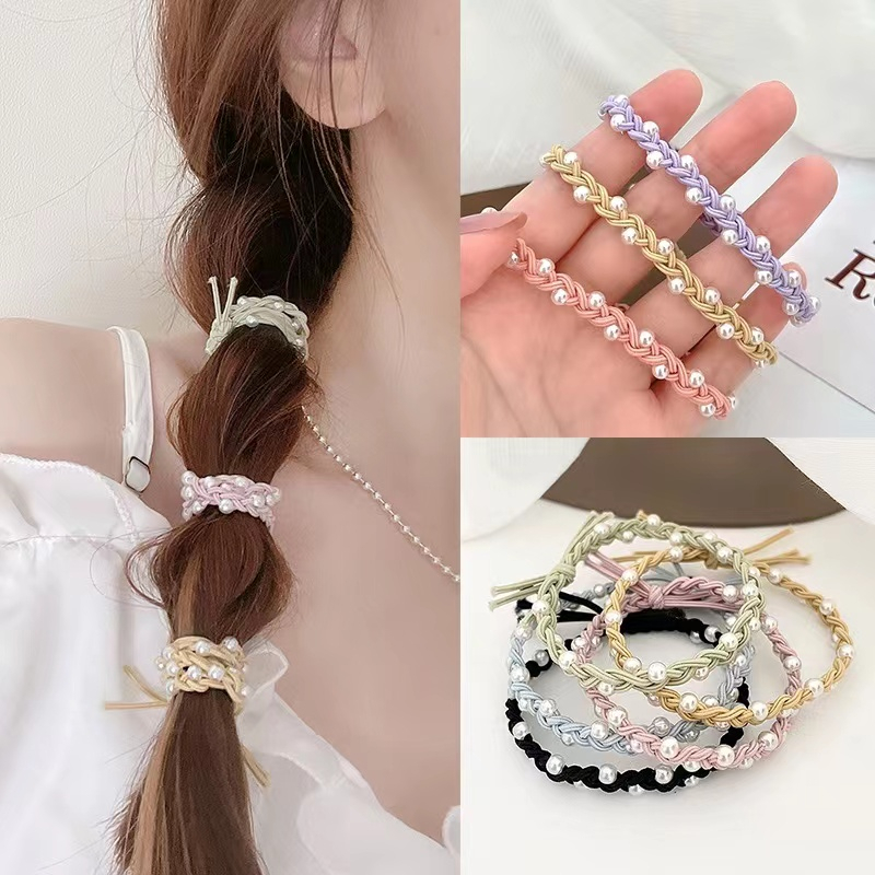 ยางรัดผม แบบถัก ประดับไข่มุก ยืดหยุ่นสูง ที่ทนทาน สไตล์เกาหลี และญี่ปุ่น