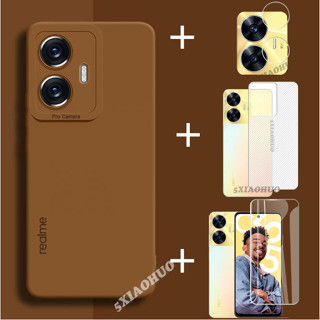 4in1 เคสโทรศัพท์ ซิลิโคนนิ่ม พร้อมฟิล์มกระจกนิรภัย ฟิล์มเลนส์ และฝาครอบด้านหลัง สําหรับ Realme C55 C30 C33 C55