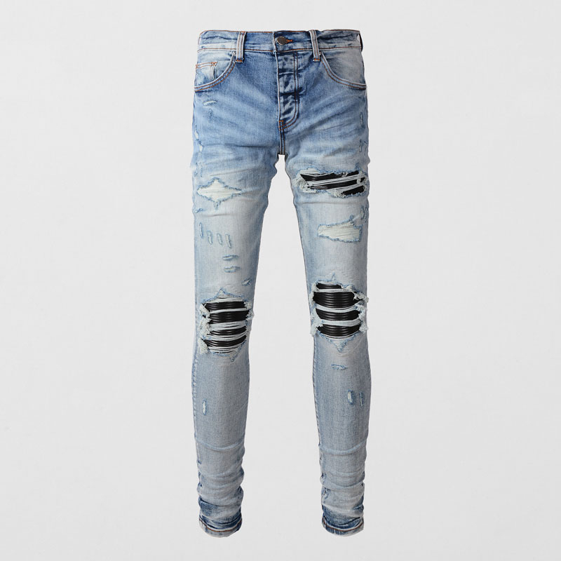 Amiri High Street แฟชั่นผู้ชายกางเกงยีนส์วินเทจผู้ชายบางพอดีหนังแพทช์ปุ่มออกแบบผู้ชายกางเกงยีนส์ฮิปฮอป