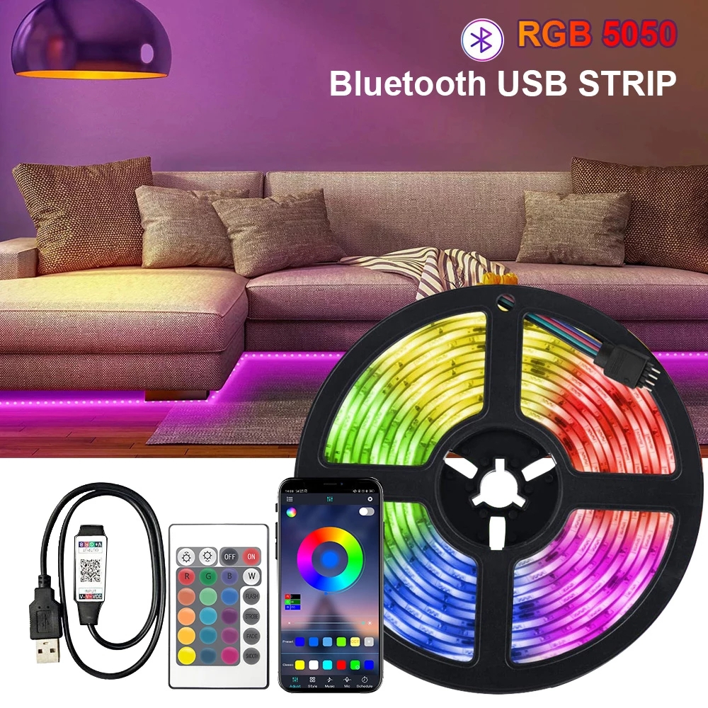 ยืดหยุ่น 5V USB 5050 RGB ไฟ LED Strip, บลูทูธ APP ควบคุมทีวี Backlight โคมไฟ, 1-5 M LED เทปไดโอดสําหรับห้องนอนและห้อง Ambient แสง