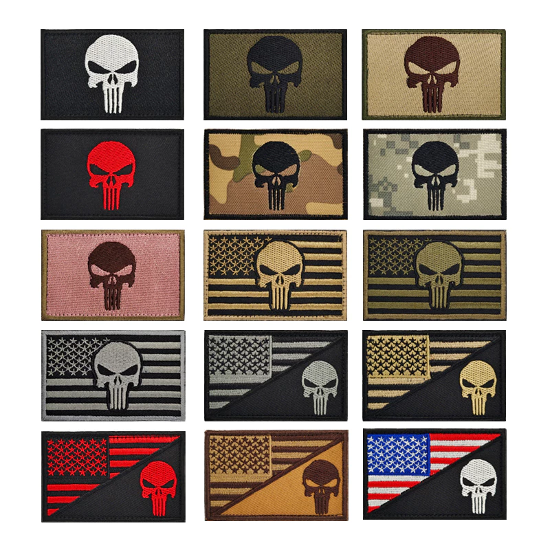 Punisher Skull เย็บปักถักร้อย Patch ทหารยุทธวิธี Badge เสื้อผ้ากระเป๋าเป้สะพายหลังอุปกรณ์เสริม Hook & Ring Fastener