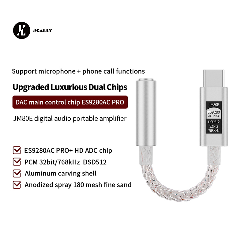 Jcally JM80E ES9280AC PRO ชิปเสียงดิจิทัล Type C เป็น PCM 32 บิต 768kHz DSD512 3.5 มม. รองรับไมโครโฟ