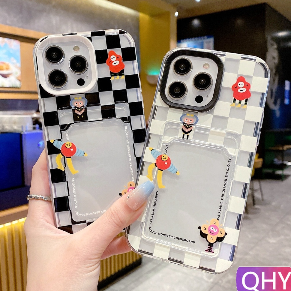Qhy - เคสโทรศัพท์มือถือแบบใส หนา กันกระแทก ลายมอนสเตอร์ตัวน้อย สีดํา ขาว สําหรับ iphone 15 6s 7 8 plus XR 11 12 14 13 pro max 2 in 1