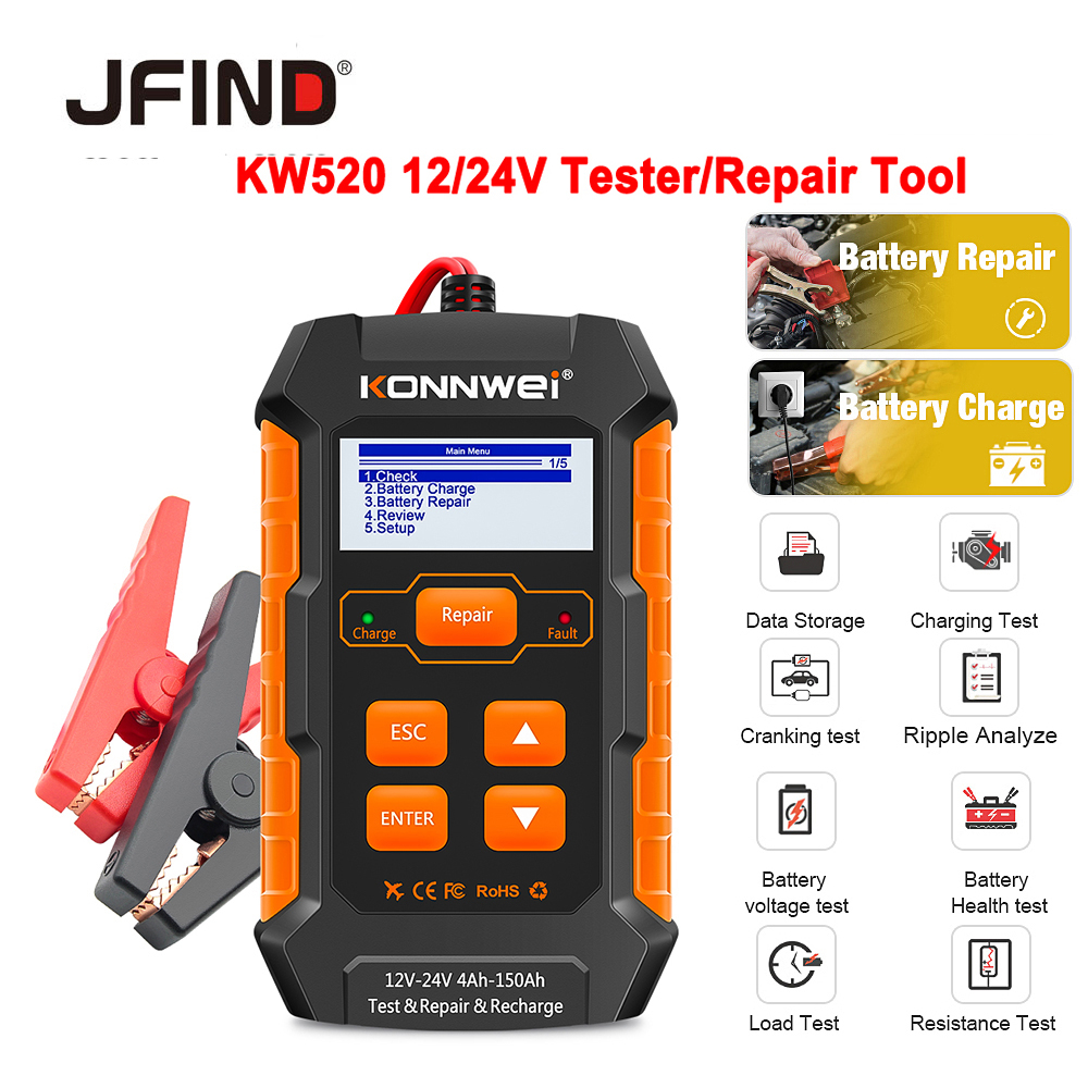 【Spot goods】Konnwei KW520 เครื่องทดสอบแบตเตอรี่รถยนต์อัตโนมัติ 12V 24V 10A 5A For Honda For TOYOTA F