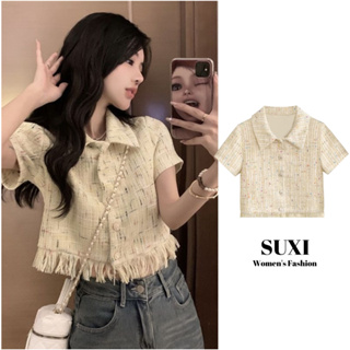 Suxi เสื้อเชิ้ตแขนสั้น ทรงหลวม ประดับพู่ สไตล์วินเทจ แฟชั่นฤดูร้อน สําหรับผู้หญิง