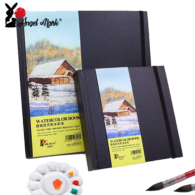 Angel Mark 230g สแควร์สีน้ําหนังสือขนาดกลางหยาบ Grain สีดําฝาครอบน้ําสีกระดาษ 34/44 แผ่นสําหรับศิลปินนักเรียนวาดอุปกรณ์ศิลปะ