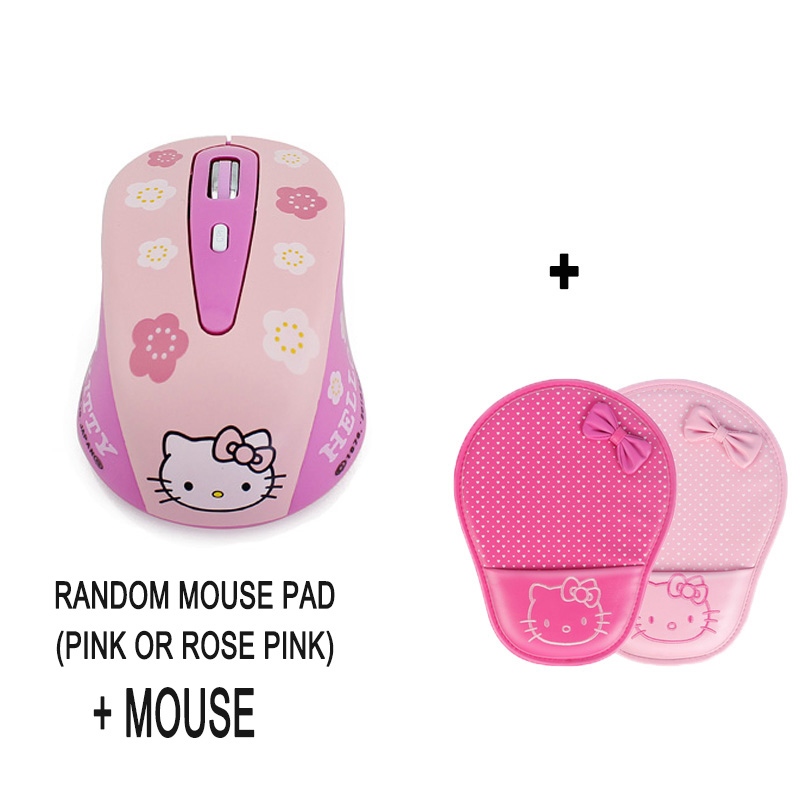 เมาส์ออปติคอลไร้สาย 2.4Ghz USB ลาย Hello Kitty สีชมพู ปรับได้ dpi 800 1200 1600 พร้อมแผ่นรองเมาส์ สําหรับแล็ปท็อป คอมพิวเตอร์