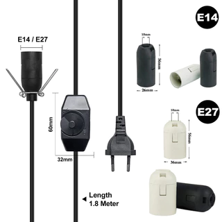 E14 E27 ฐานโคมไฟ 1.8 ม. ปลั๊ก EU สายไฟ สายเคเบิล 220V สีขาว สีดํา Himalayan เกลือ ขยายสายเคเบิล พร้อมสวิตช์หรี่แสง