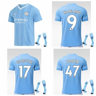 เสื้อกีฬาแขนสั้น ลายทีมชาติฟุตบอล Manchester City 2023-24 ชุดเหย้า Haaland De Bruyne Foden ชุดเหย้า