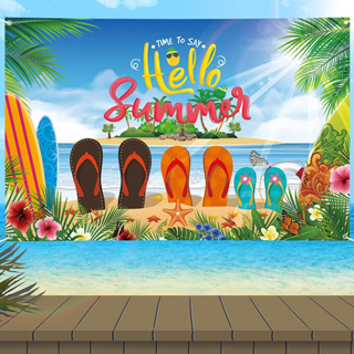 แบนเนอร์กระดานโต้คลื่น ชายหาดเขตร้อน 7X5 ฟุต ลาย Hello Summer Party สไตล์ฮาวาย สําหรับตกแต่งฉากหลัง ปาร์ตี้วันเกิด