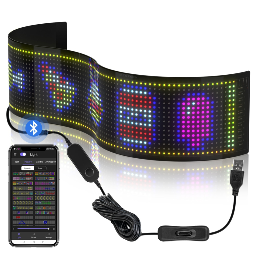 ป้ายไฟวิ่ง LED ฟันสีฟ้า APP USB DC5V รูปแบบข้อความ DIY รูปแบบไดนามิกของการแสดงผลรถยนต์
