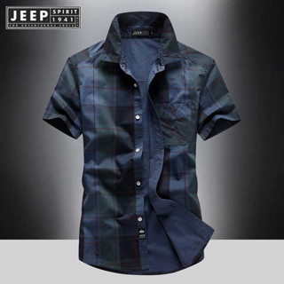 Jeep SPIRIT 1941 ESTD เสื้อเชิ้ตลําลอง ผ้าฝ้าย ลายตารางหมากรุก แฟชั่นฤดูร้อน สําหรับผู้ชายวัยกลางคน