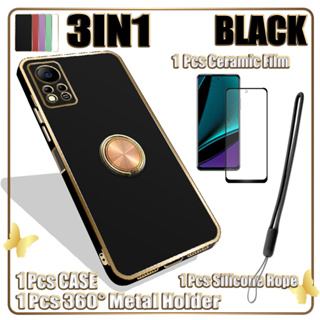 3 IN 1 เคสชุบไฟฟ้า ขอบตรง พร้อมกระจกนิรภัยกันรอยหน้าจอ และ 360 สําหรับ Infinix Hot 11s NFC°ขาตั้งแหวนโลหะ และสายคล้องซิลิโคน