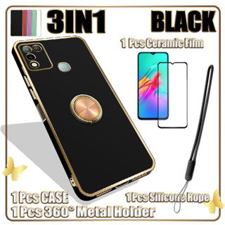 3 IN 1 เคสชุบไฟฟ้า ขอบตรง พร้อมกระจกนิรภัยกันรอยหน้าจอ และ 360 องศา สําหรับ Infinix Hot 9 Play Hot 10 Play X688C X688B°ขาตั้งแหวนโลหะ และสายคล้องซิลิโคน