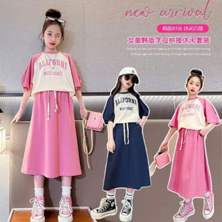 [พร้อมส่ง] ชุดเสื้อแขนสั้น กระโปรง สองชิ้น สไตล์เกาหลี แฟชั่นฤดูร้อน สําหรับเด็กผู้หญิง 4-14 ปี 2023 เซ็ตฤดูร้อนเกาหลีกางเกงขากว้า