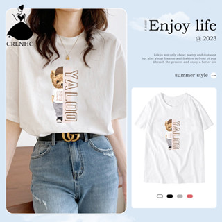 Crlnhc เสื้อยืดลําลอง แขนสั้น คอกลม พิมพ์ลายหมี แฟชั่นฤดูร้อน สําหรับสตรี vn