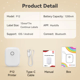 เครื่องพิมพ์ฉลากสติกเกอร์บลูทูธไร้สาย P12 ขนาดเล็ก พกพาง่าย พร้อมคัตเตอร์ สําหรับบาร์โค้ด ชื่อ ราคา แท็ก Marklife DIY ไร้สายบลูทูธแบบพกพาเครื่องพิมพ์สติกเกอร์เครื่องชง