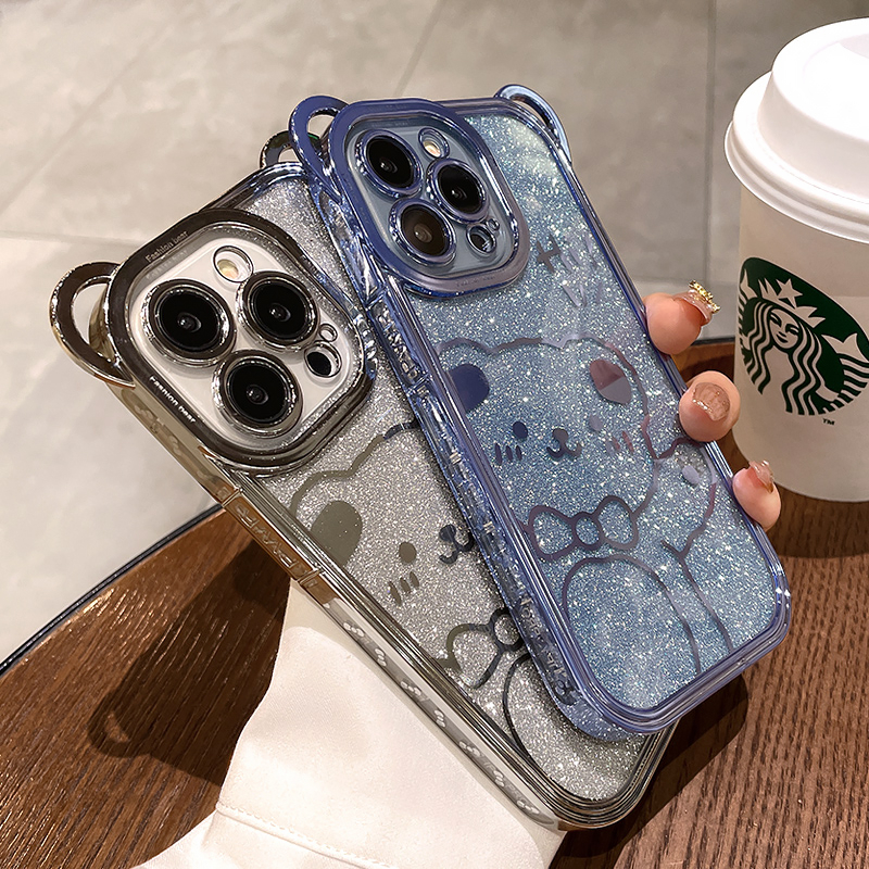 Glitter Powder Bear ซิลิโคนใสนุ่มกันกระแทกเคสโทรศัพท์สําหรับ iPhone 16 15 14 13 12 11 Pro Max 15 Plus Anti-fall Electroplating กล้องฝาครอบโทรศัพท์