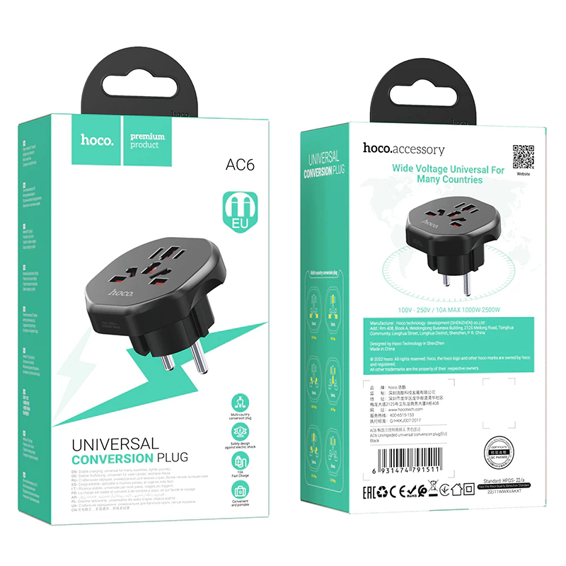 Hoco AC6 Universal ปลั๊กแปลง Travel Adaptor มัลติฟังก์ชั่น All-in-one ปลั๊กชาร์จ EU Wall Charger สําหรับสมาร์ทโฟน Universal thumbnail 10