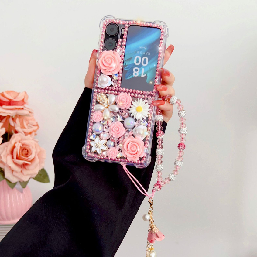 สําหรับ OPPO ค้นหา N3 Flip Bling สีม่วง Rhinestone ดอกไม้เคสโทรศัพท์สําหรับ OPPO ค้นหา N2 Flip findn2 พลิกค้นหา N2 พลิกคริสตัลหรูหราจี้สายคล้องกันกระแทกอะคริลิคนุ่มปกหลัง