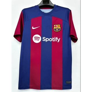 เสื้อกีฬาแขนสั้น ลายทีมชาติฟุตบอล Barcelona 23/24 ชุดเหย้า สําหรับผู้ชาย สีฟ้า สีแดง