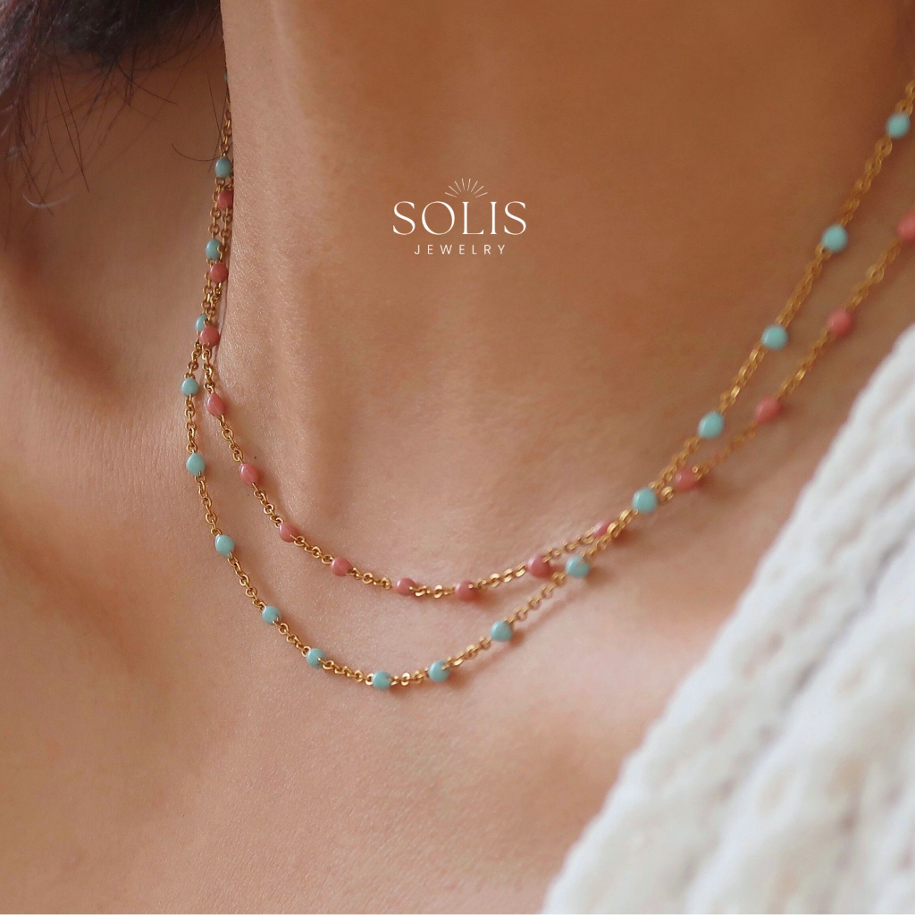 สร้อยคอโชคเกอร์โซ่ลูกปัดสีชมพูสีฟ้าสีสันสดใส • เครื่องประดับไร้กันน้ํา • สร้อยคอสําหรับผู้หญิง ไม่มี171 – โปรปัง