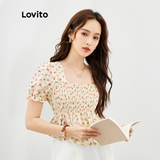 Lovito เสื้อเบลาส์ผู้หญิง จับจีบ แบบสม็อค ขอบหยัก ลายดอกไม้ สไตล์ลำลอง L39ED017 (หลายสี)