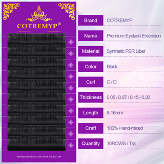 Cotremyp ขนตาปลอม กึ่งถาวร เนื้อแมตต์ สีดํา 10 แถว J B Cd Curl