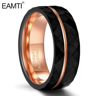 Eamti แหวนทังสเตน สีดํา เส้นสีโรสโกลด์ 24K ขนาด 8 มม. สําหรับผู้ชาย ผู้หญิง งานแต่งงาน 7-13