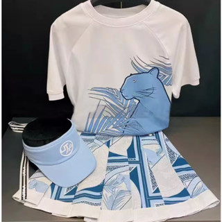 ใหม่ เสื้อยืดคอกลม แขนสั้น พิมพ์ลาย กระโปรงพลีท ระบายอากาศ สไตล์เกาหลี แฟชั่นฤดูร้อน สําหรับผู้หญิง 2023