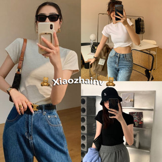 Xiaozhainv เสื้อยืดคอกลม แขนสั้น เข้ารูป สีพื้น แบบเรียบง่าย แฟชั่นฤดูร้อน สไตล์เกาหลี สําหรับผู้หญิง