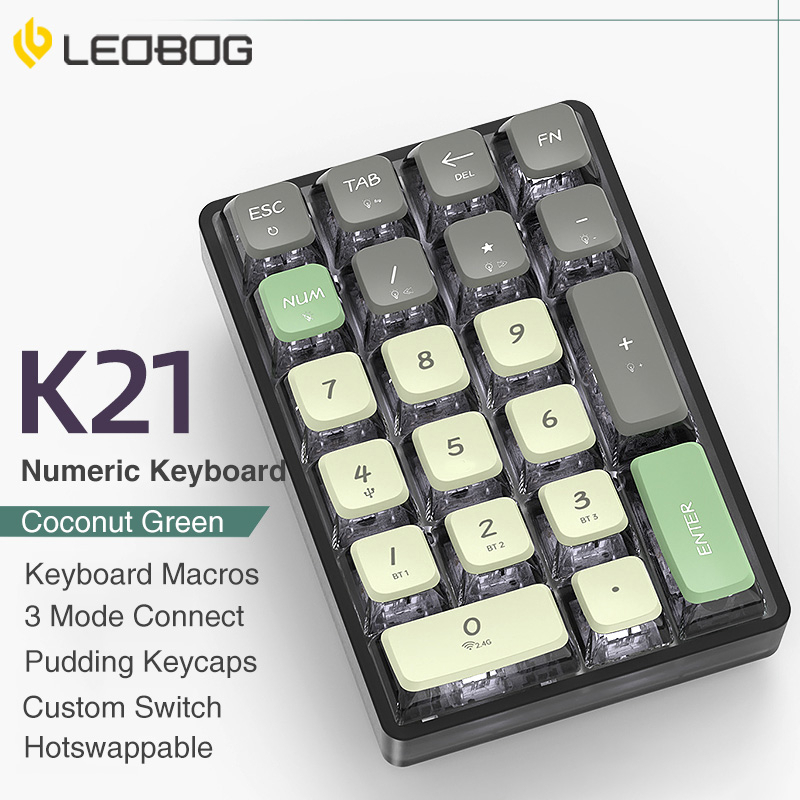 Aula LEOBOG K21 คีย์บอร์ดตัวเลข 21 คีย์ แบบใส 2.4G Type-C เชื่อมต่อบลูทูธ มินิพกพา