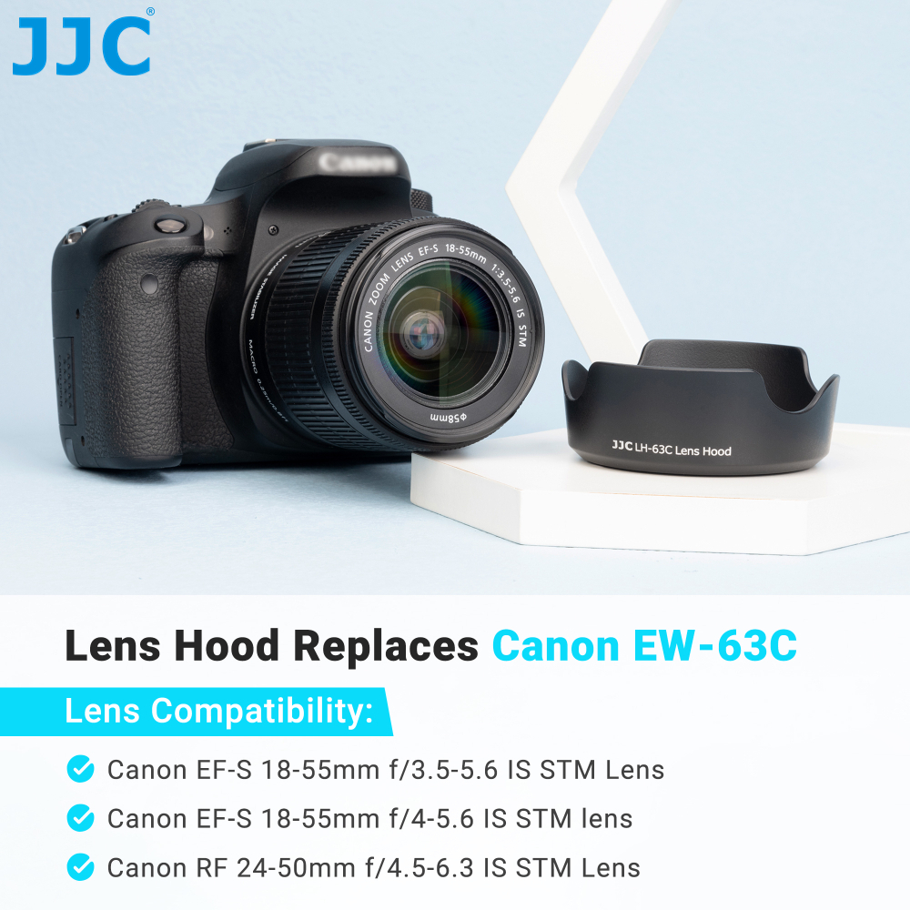 JJC เลนส์ฮู้ด EW-63C แบบเปลี่ยน สําหรับ Canon RF 24-50mm F4.5-6.3 IS STM/ EF-S 18-55mm F3.5-5.6 IS STM/ EF-S 18-55mm F4-5.6 IS STM/ RF-S 14-30mm F4-6.3 IS STM PZ