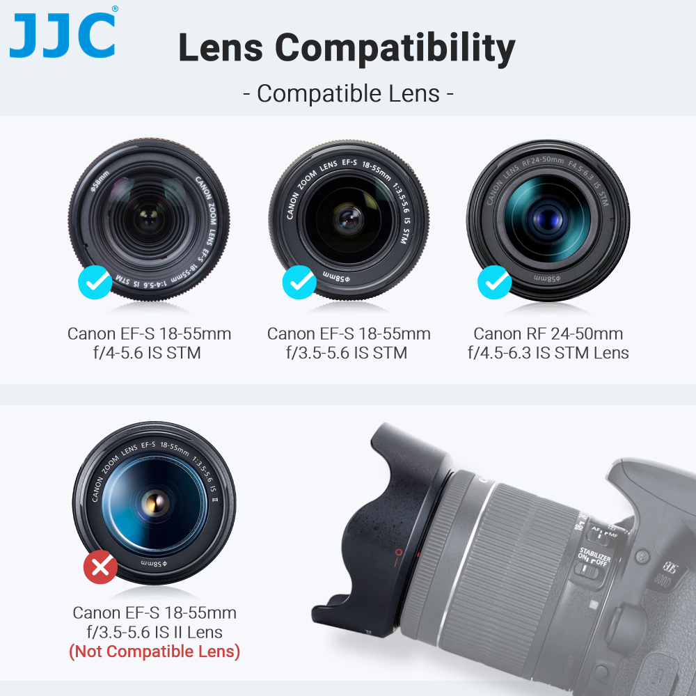 JJC เลนส์ฮู้ด EW-63C แบบเปลี่ยน สําหรับ Canon RF 24-50mm F4.5-6.3 IS STM/ EF-S 18-55mm F3.5-5.6 IS STM/ EF-S 18-55mm F4-5.6 IS STM/ RF-S 14-30mm F4-6.3 IS STM PZ