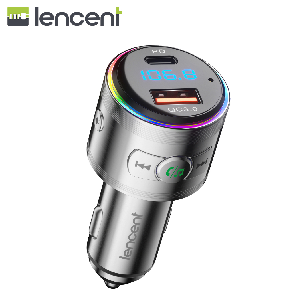LENCENT Bluetooth 5.3 FM Transmitter,อะแดปเตอร์บลูทูธโลหะเต็มรูปแบบพร้อม PD 20W & QC3.0 Fast Charger