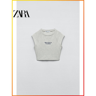 Zara ใหม่ เสื้อคอกลม แขนสั้น ปักลายตัวอักษร สีตัดกัน สําหรับผู้หญิง 0264398 803